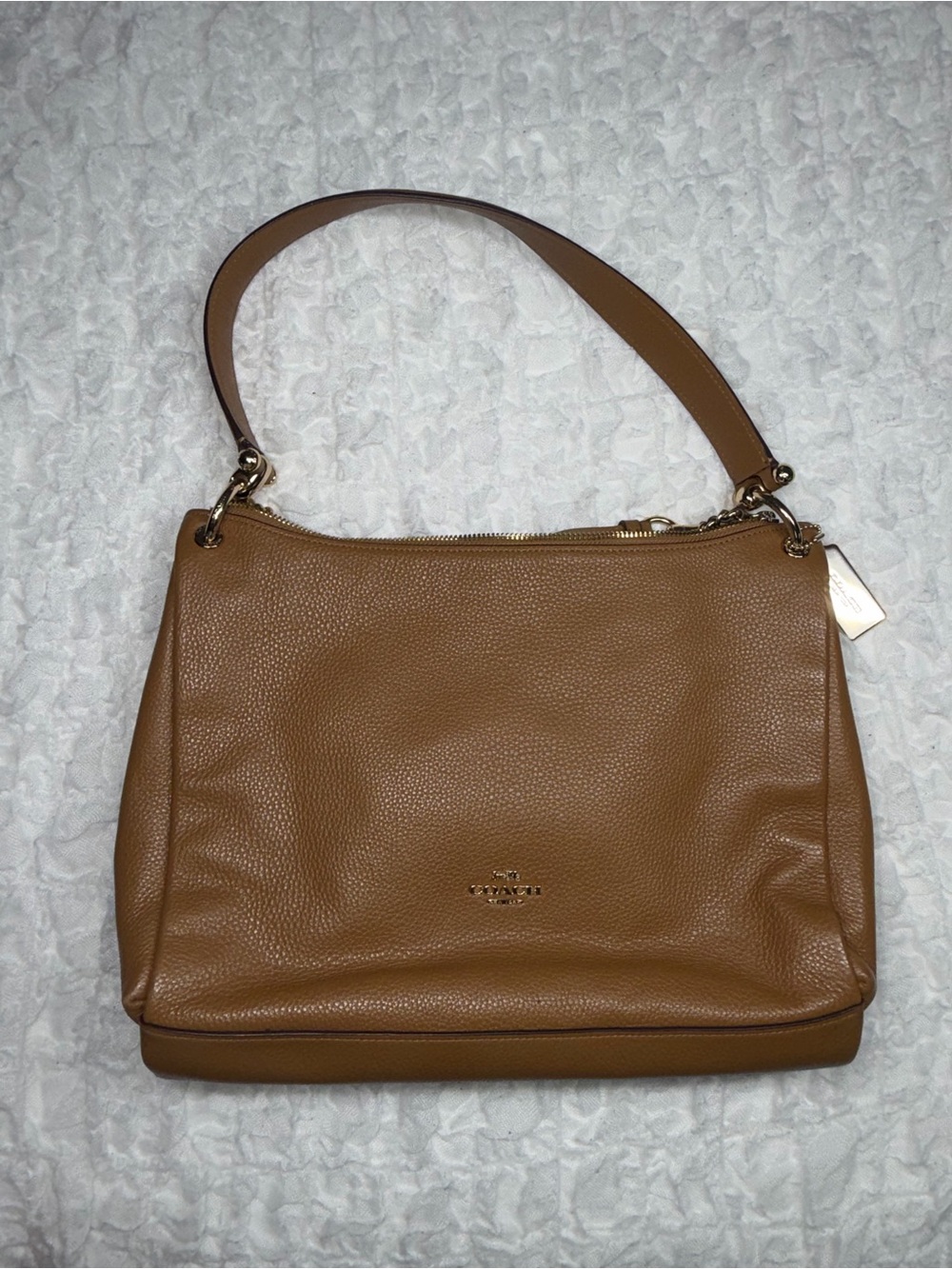 Coach Pebble Leather Shoulder Bag in Camel Brown with Gold Hardware